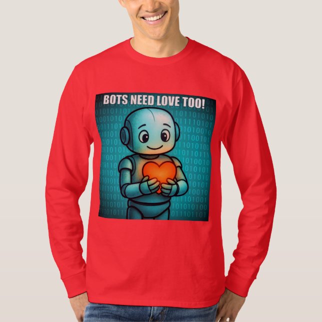 Camiseta Bots Need Love Too - Men's Bright Red Long Sleeve (Frente)
