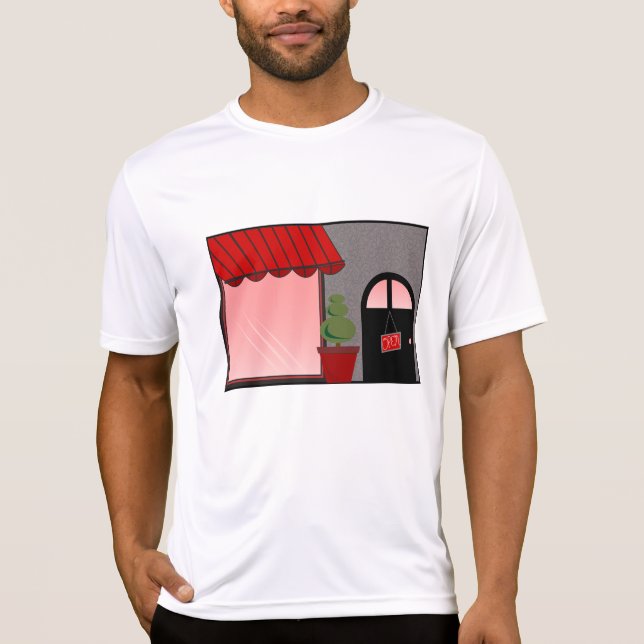 Camiseta Boutique Storefront Red Black Topiary Open (Frente)