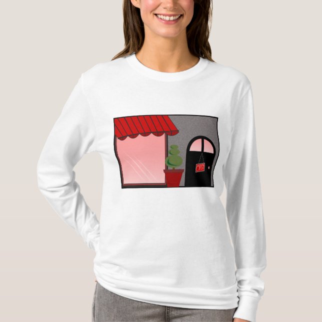 Camiseta Boutique Storefront Red Black Topiary Open (Frente)