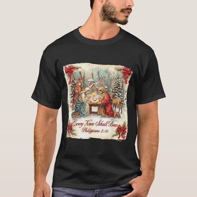 Camiseta Bow Santa Christmas Nativity Scene Every Knee Shal (Frente)