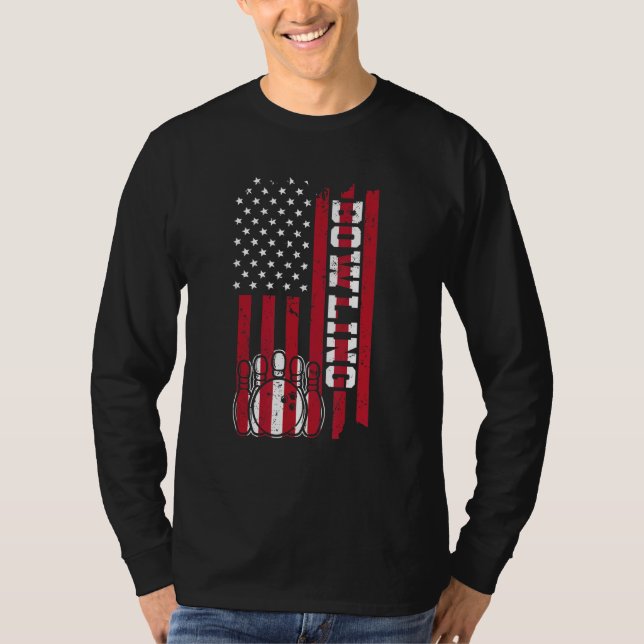Camiseta bowling bandeira americana cone pinos de boliche (Frente)