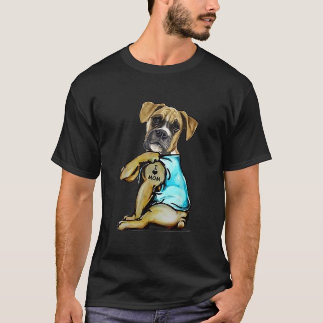 Camiseta Boxer Dog Tattoo I Love Mamãe Dia de as mães Lover (Frente)