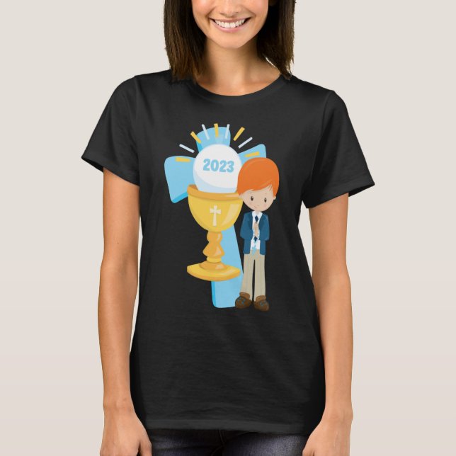 Camiseta Boy First Communion Keepsasaem 2023 Cross Blue Ros (Frente)