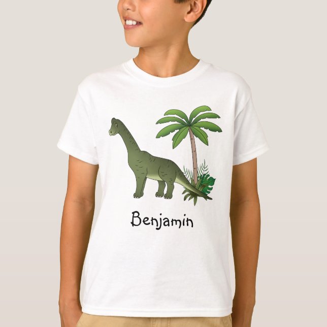 Camiseta Brachiosaurus Fofo E Palmeira Com Nome Da Criança (Frente)