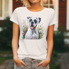 Camiseta Branca Adorável e Divertida Cachorro Entre as Flor