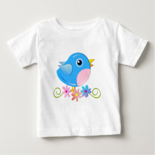 Camiseta branca com pássaro bebê azul