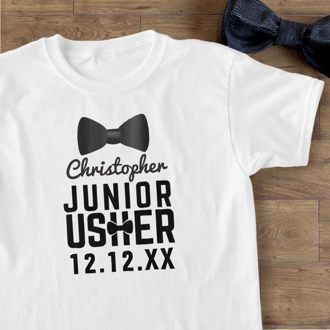 Camiseta Branca de Atendedor Júnior Arco Preto (Just add your Junior Usher's name and your wedding date)