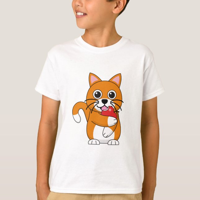 Camiseta Branca De Gato Branco, Comendo Maçã Vermelha (Frente)