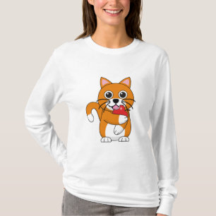 Camiseta Branca De Gato Branco, Comendo Maçã Vermelha