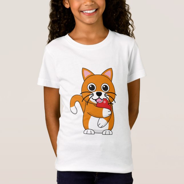 Camiseta Branca De Gato Branco, Comendo Maçã Vermelha (Frente)