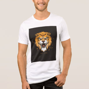 camiseta branca de meia manga com desenho de leão
