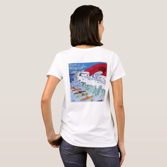 Camiseta branca de mulher ímã de surfe parte de tr (Parte Traseira Completa)
