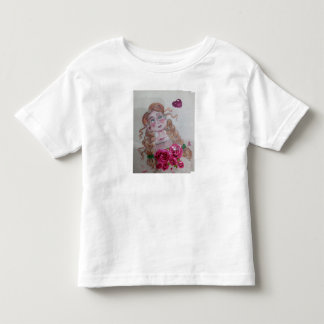 camiseta branca meia manga com garota muitas flore