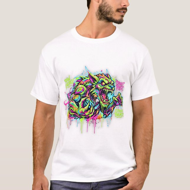 Camiseta Branca Neon Graffiti Monstro – Arte de Ru (Frente)