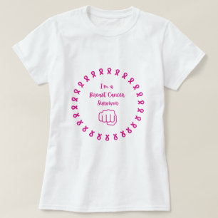 Camiseta Branca Punho Rosa Sobrevivente de Câncer