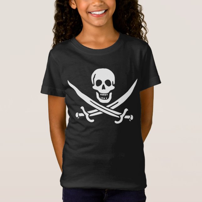 Camiseta Branco, Bandeira Pirata Calico Jack, Caveira e Cut (Frente)
