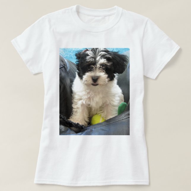 Camiseta Branco do preto do filhote de cachorro do (Frente do Design)