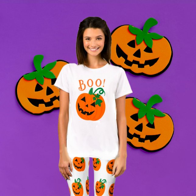 Camiseta Branco Laranja Negro Personalizado Jack O Lanterno (Sweet and scary, this white and orange Jack-o'-lantern tee shirt has matching tights available.)
