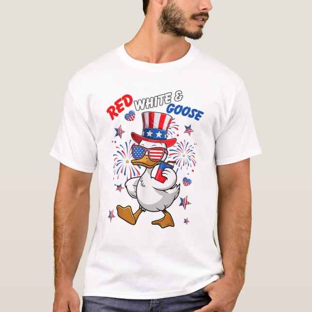 Camiseta Branco Vermelho & Gansos EUA Dia da Independência (Frente)