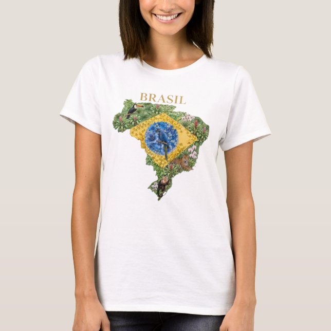Camiseta Brasil Botanical Map Wildlife Tropical (Frente)