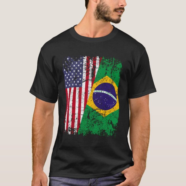 Camiseta Brasil: Raízes do Brasil Metade da Bandeira Americ (Frente)