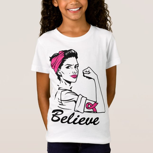 Camiseta Breast Cancer Awareness Month Women's Believe Pink (Frente)