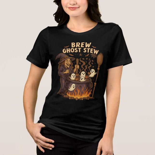 Camiseta Breve Fantasma Stew Bruxo Café Cauldron Halloween (Frente)