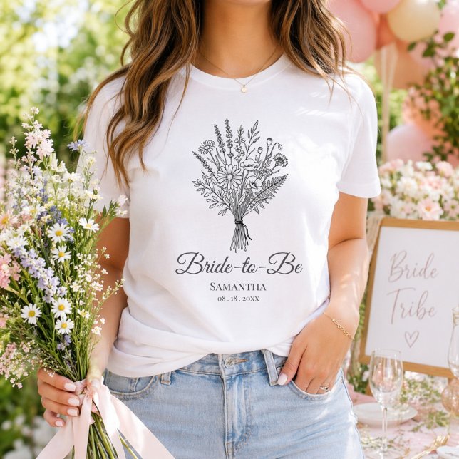 Camiseta Bride To Be Name & Date Floral Wedding Party (Criador carregado)