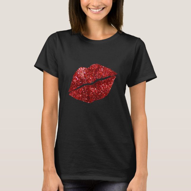 Camiseta Brilho de Lábios Beijo Vermelho Glitter Lábios Bei (Frente)