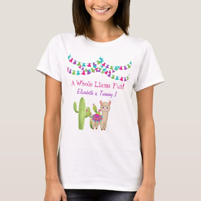 Camiseta Brincadeira de Llama Rosa Púrpura Cactus Aniversár (Frente)