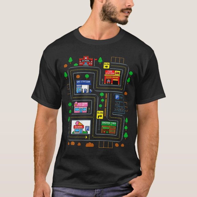 Camiseta Brincar nas costas do papai mapa da cidade pista d (Frente)