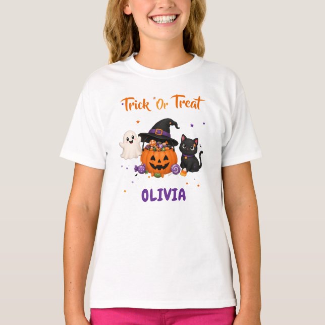 Camiseta Brinde de festa de Halloween 'Trick or Treat' (Frente)
