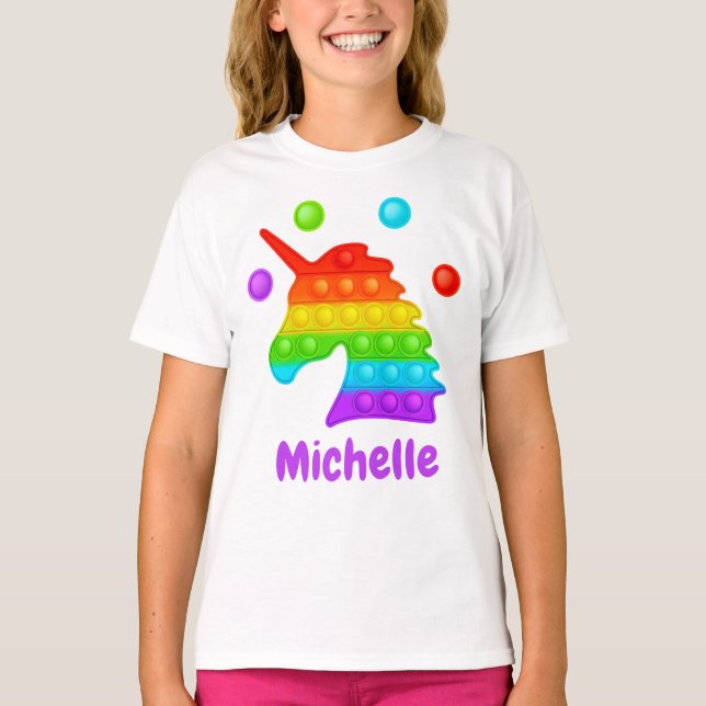 Camiseta Brinquedo Fidget Pop Unicórnio Arco-íris para Cria (Frente)