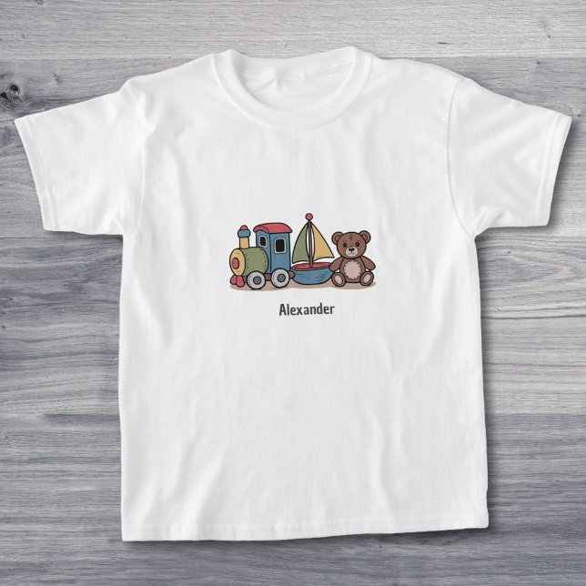 Camiseta Brinquedos de madeira com trem, veleiro e ursinho (Wooden Toys with train, sailboat, and teddy bear T-Shirt)
