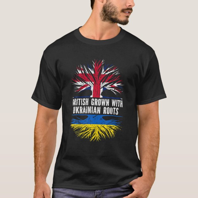 Camiseta Britânico Crescido com Raízes Ucranianas Bandeira  (Frente)