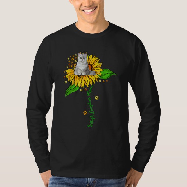 Camiseta British Longhair Mom Cute Cat On Sunflower Paws Mo (Frente)