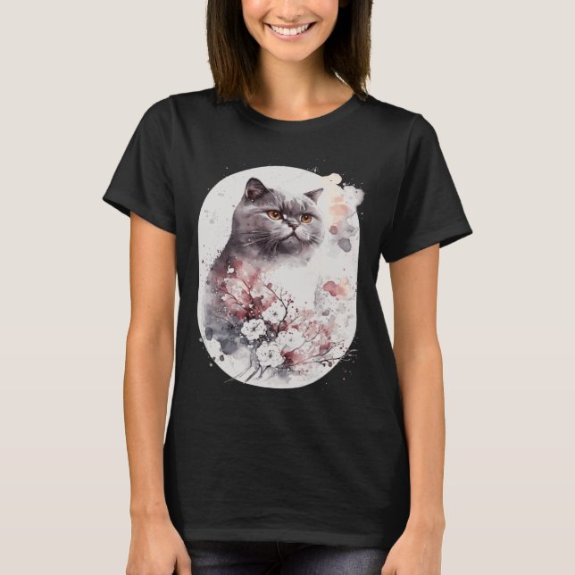 Camiseta British Shorthair Cat Japanese Cherry Blossom Saku (Frente)
