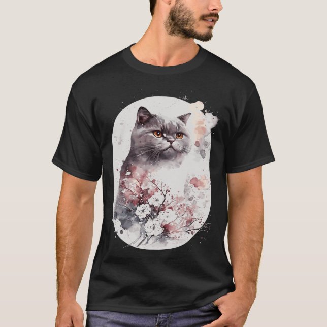 Camiseta British Shorthair Cat Japanese Cherry Blossom Saku (Frente)