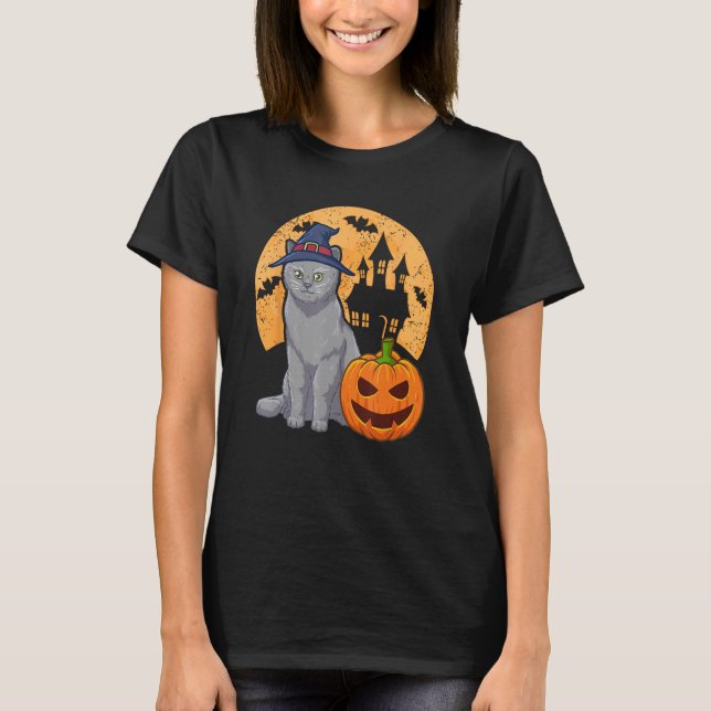 Camiseta British Shorthair Cat With Witch Hat And Pumpkin H (Frente)