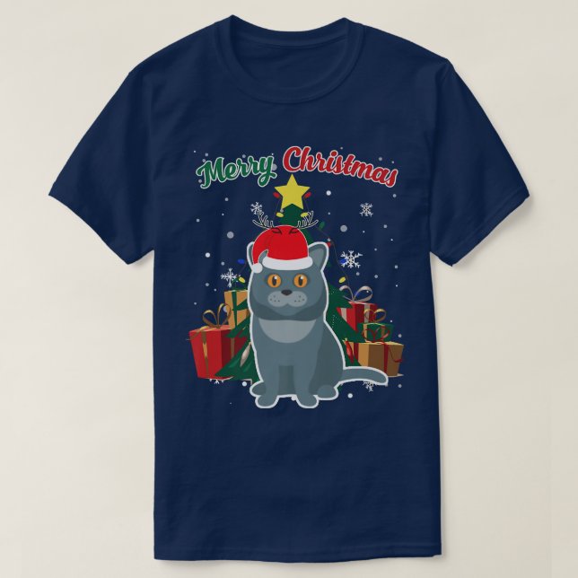 Camiseta British Shorthair Christmas Tree Snow Flakes Xmas  (Frente do Design)