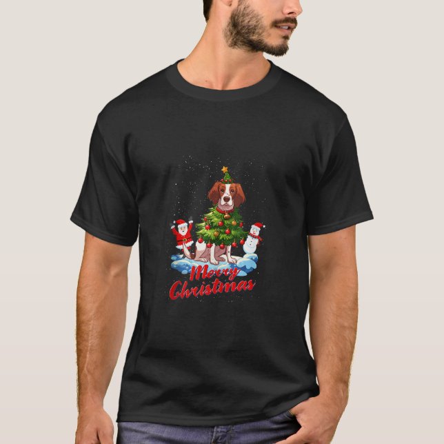 Camiseta Brittany Spaniel Merry Christmas Tree Lights Dog X (Frente)