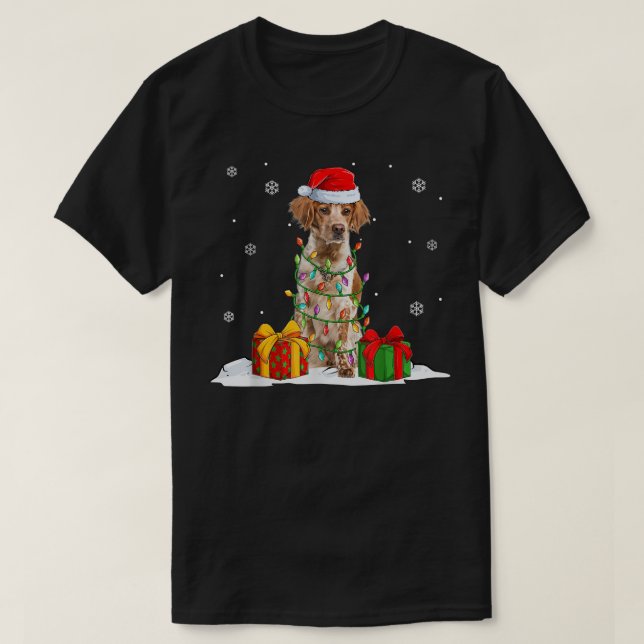Camiseta Brittany Spaniel Papais noeis Árvore de Natal Luze (Frente do Design)