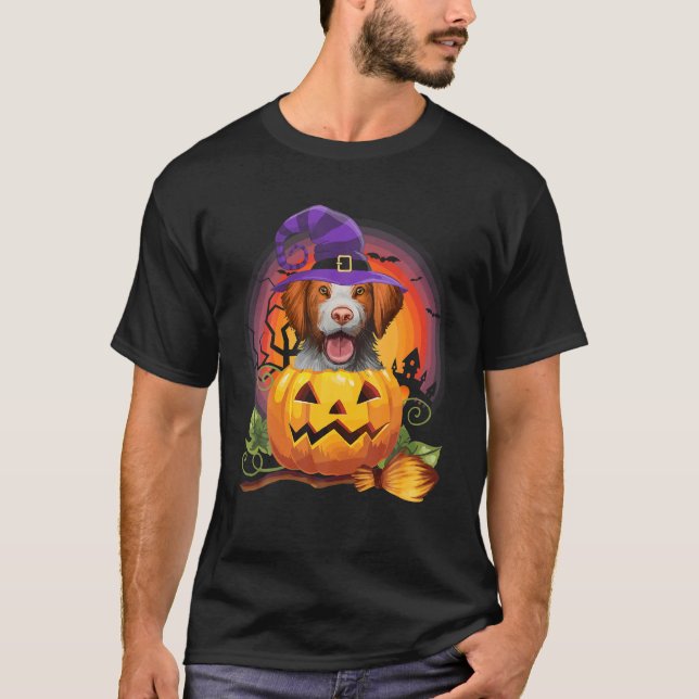 Camiseta Brittany Spaniel Witch Pumpkin Halloween Dog Lover (Frente)
