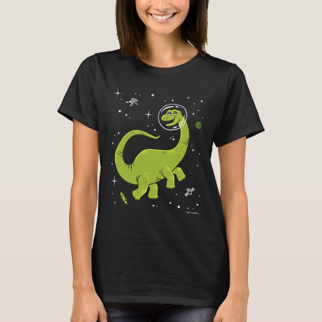 Camiseta Brontosaurus Verdes Dinos No Espaço (Frente)