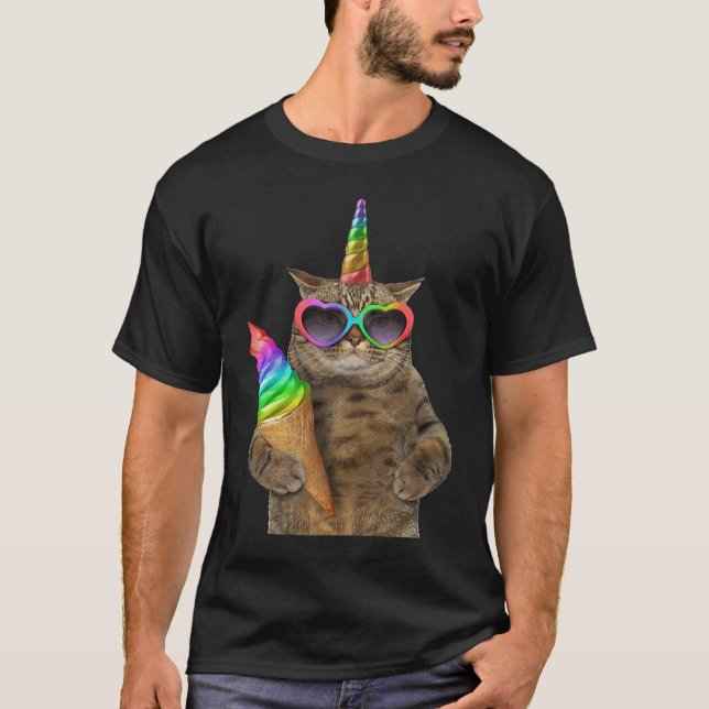 Camiseta brown cat wears glasses with unicorn and ice cream (Frente)