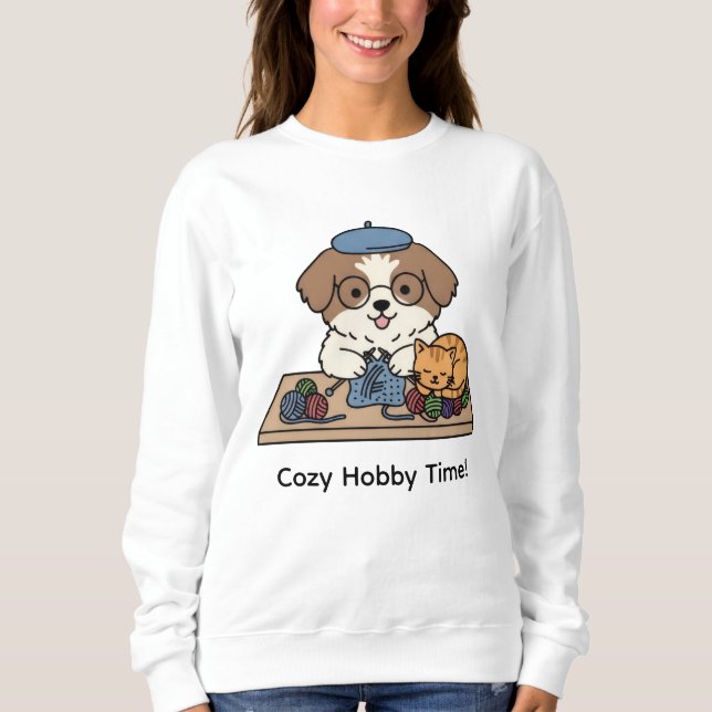 Camiseta Brown White Dog Glasses Knitting Cat Friend Design (Frente)