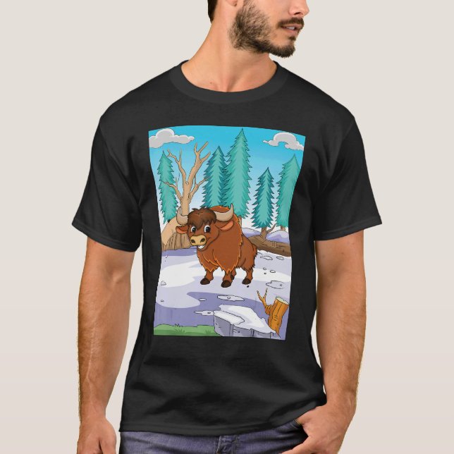Camiseta Brown Yak Em Um Campo De Neve Pronto Para Cha (Frente)