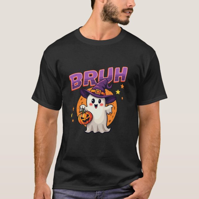 Camiseta Bruh Ghost Halloween Engraçado Fantasma Bruxa Hat (Frente)