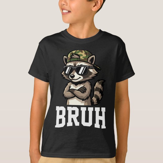 Camiseta Bruh Raccoon Camo Hat Funny Youth Teens Kids Slang (Frente)
