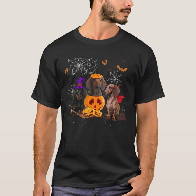 Camiseta Bruxa Abóbora Engraçada Dachshund Cachorro Corresp (Frente)